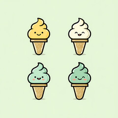 Cute Cartoon Ice Cream Cones: Four adorable ice cream cones with happy faces in yellow white and mint green on a pastel background