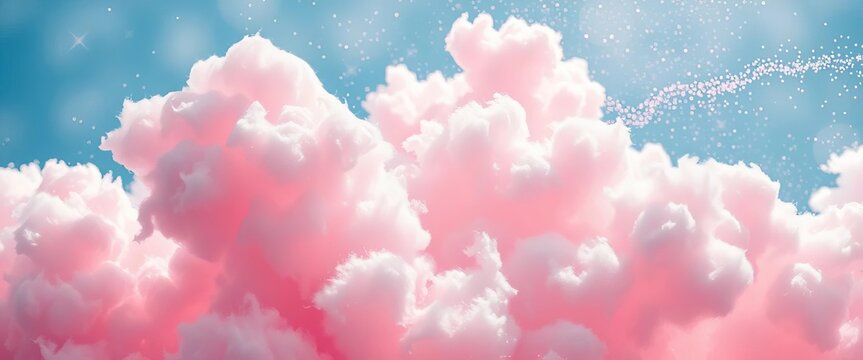Fluffy cotton candy cloud, shimmering with embedded glitter and sparkling thread trails, close up, glow