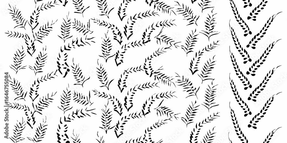 Poster vector botanical pattern featuring black ink style leaves and branches scattered on a white backgrou