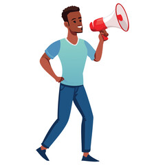 A compelling graphic of a Black man at a demonstration, passionately speaking into a megaphone while marching, symbolizing activism, free speech, and protest.
