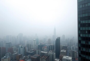 A city choked by thick, grey smog; buildings barely visible, sky obscured,  industrial,  urban