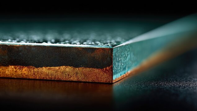 Close-up of a metallic object, featuring a contrasting copper-teal edge.  A dark background accentuates the piece's texture