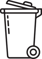 Simple line art icon of a wheeled trash can with an open lid