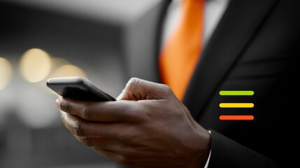 Black man in suit using smartphone with orange tie and abstract colorful bars on jacket