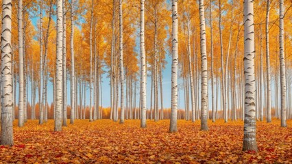 Vibrant autumn birch forest with golden leaves and a carpet of fallen foliage