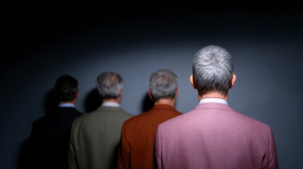 Obraz premium Four businessmen with gray hair stand facing away from the camera against a dark background