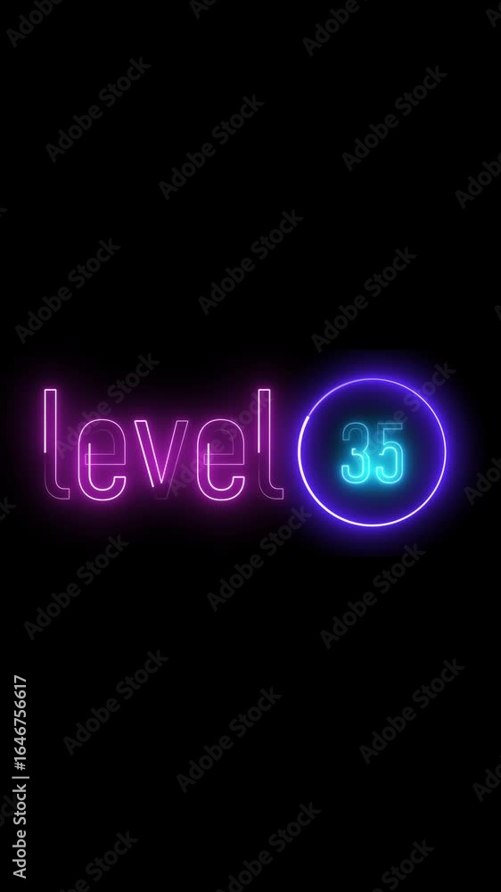 Poster animated level 35 success glowing text overlay vertical video. neon light display indicating level 3