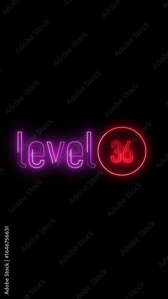 Poster vibrant level 36 breakthrough glowing text display vertical video. neon light sign displaying level 