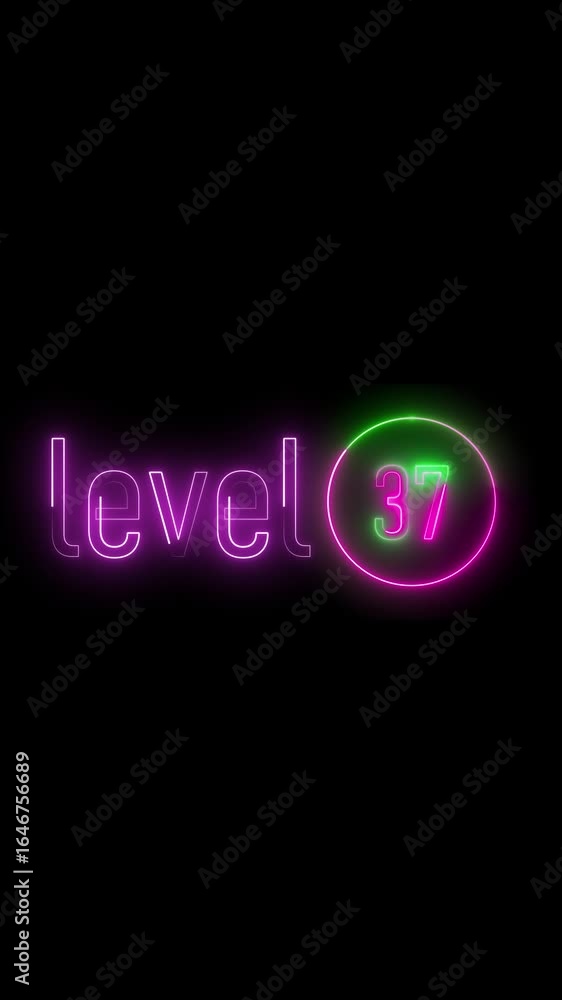Poster level 37 progress glow neon animation vertical video. glowing neon level 37 text animation against a