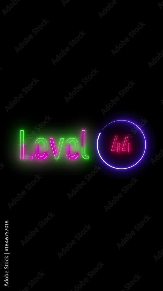 Aufkleber neon gaming level 44 progress text animation vertical video. neon glowing level 44 sign on black bac