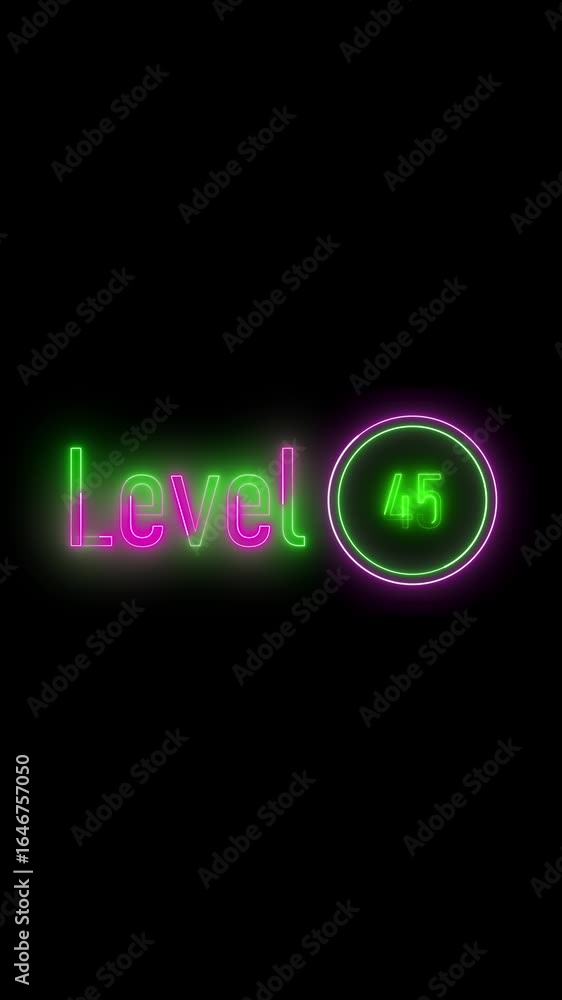 Poster animated level 45 achievement glowing neon text overlay vertical video. neon sign illuminates level 