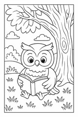 Owl reading a book under a big tree in the meadow, cartoon coloring style.