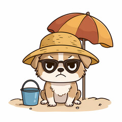 A grumpy cartoon dog at the beach wearing a hat and sunglasses under a beach umbrella with a pail next to it Sunny but no smiles!