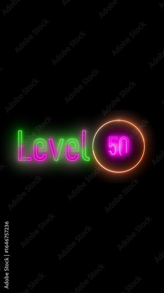 Poster futuristic countdown level 50 neon text display vertical video. neon glowing text displaying level 5