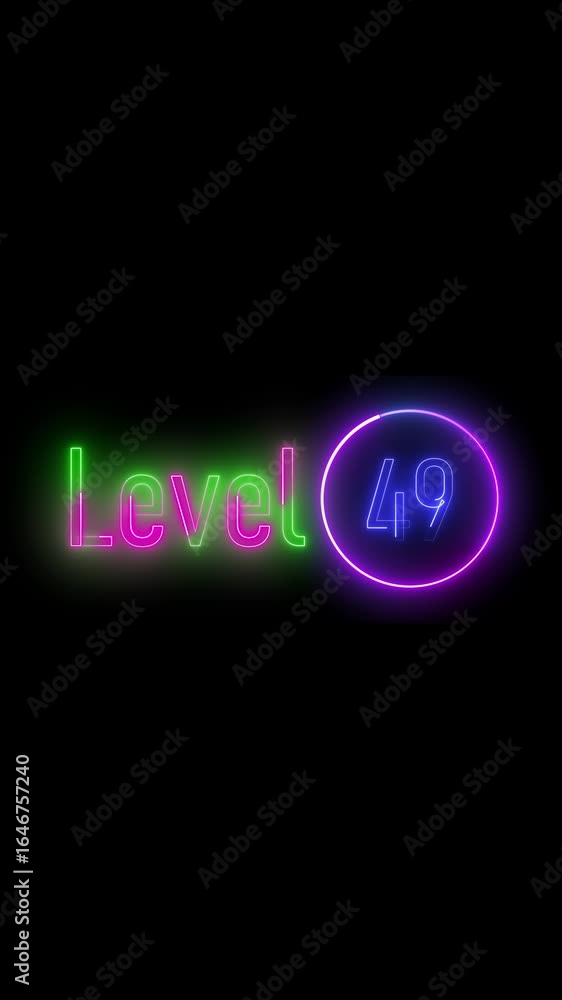 Poster animated gaming level 49 glowing text overlay vertical video. neon illuminated level 49 graphic disp