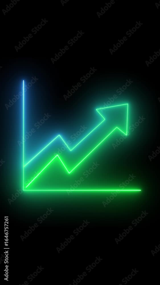 Poster neon glowing arrow graph animation on dark background vertical video. glowing neon animated arrow gr