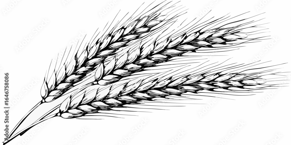 Poster vector illustration of three stalks of wheat with detailed grains and sharp lines in black and white