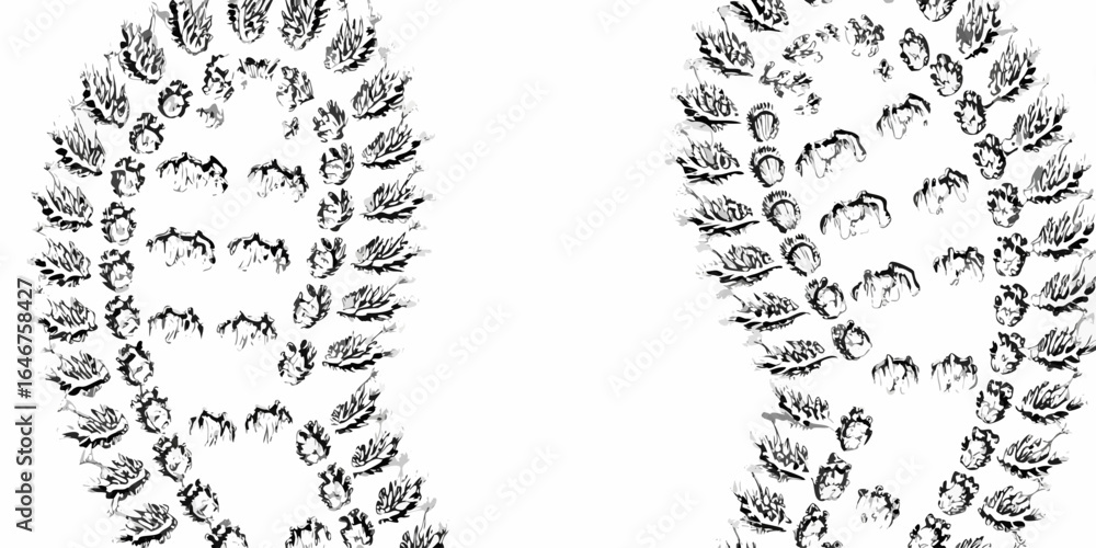 Poster vector two abstract shapes outlined with floral and leaf patterns in black and white ink style drawi