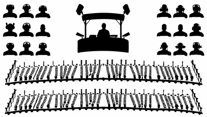 Silhouette illustration of a dj booth with speakers and a crowd wearing headphones in a venue setting