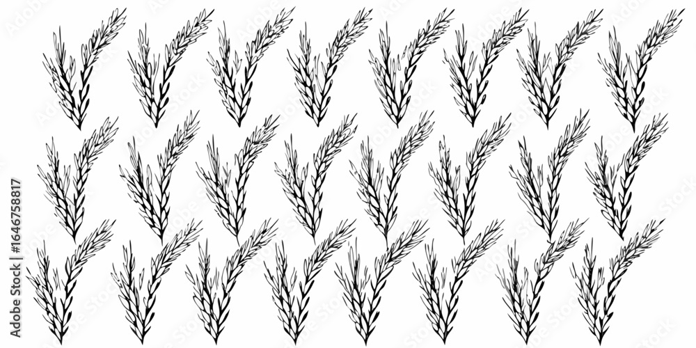 Poster vector repeating pattern of stylized wheat or grass illustrations in black and white minimalist desi