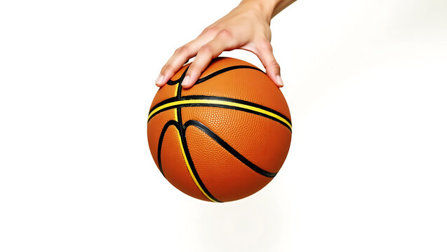 Hand holding orange basketball on white background