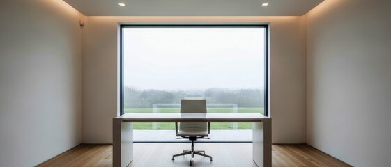 Minimalist Study Room with White Desk, Single Chair, Large Window, Bare Floor, and Soft Ceiling Light for Clean, Bright, and Peaceful Contemporary Work Environment
