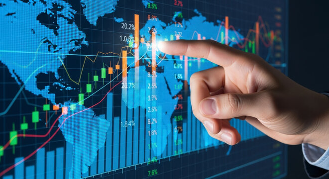 A man's hand pointing at a futuristic holographic screen displaying global financial charts, stock market data, and a world map