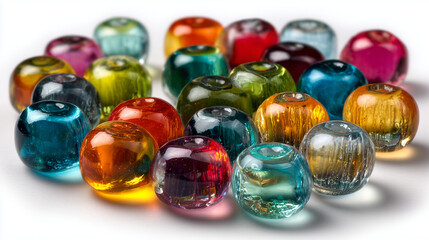 Colorful loose beads arranged in vibrant patterns on white background  