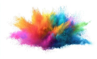 Vibrant explosion of colored powder.  A colorful cloud of multicolored powder bursts outwards against a plain white background. 