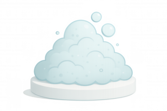 Cartoon soap suds foaming vigorously on white podium, creating bubbly texture against transparent backdrop, representing cleanliness concept