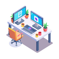 Obraz premium Isometric office desk with two monitors, chair, plants and cups isolated on white background