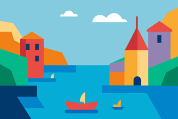 Charming coastal village with vibrant buildings and boats sailing on the blue sea in simple vector style