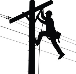 Electricity worker climbing power pole, high voltage technician, utility maintenance and repair service vector silhouette illustration