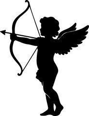 Fototapeta premium Silhouette of cupid aiming an arrow with a bow and wings on a white background vector image
