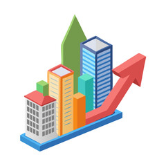 Fototapeta premium Isometric illustration of a business growth chart with buildings isolated on white background