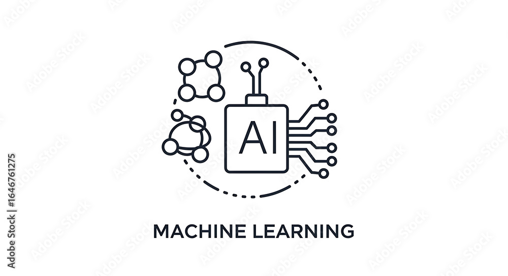 Poster iconic representation of artificial intelligence with machine learning concept diagram in line art