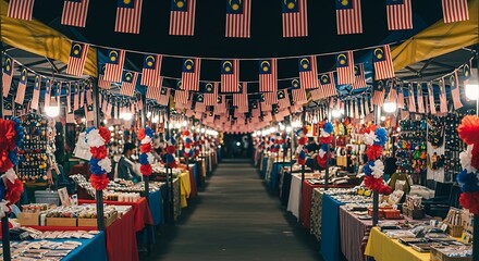 Obraz premium Malaysian Night Market, Festive Flags, and Crafts