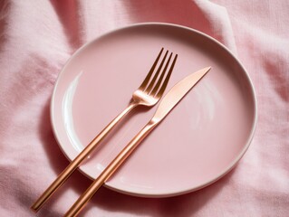 Rose Gold Forks on Pink Plate Minimalist Table Setting