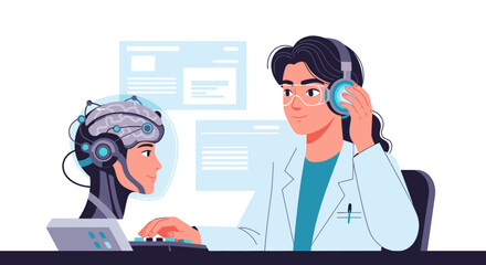 Modern neuroscientist conducting brain scan research with patient using cutting-edge technology