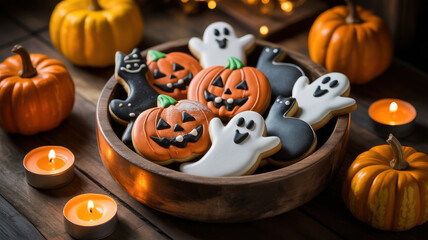 Festive halloween cookies shaped like ghosts and jack o lanterns displayed in a wooden bowl with glowing candles