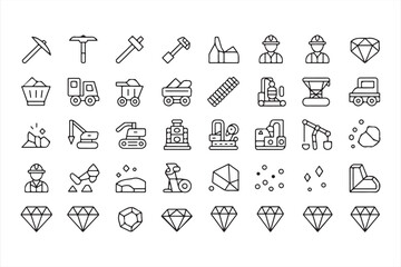 Outline Mining Icons Set with Gemstones and Industrial Equipment