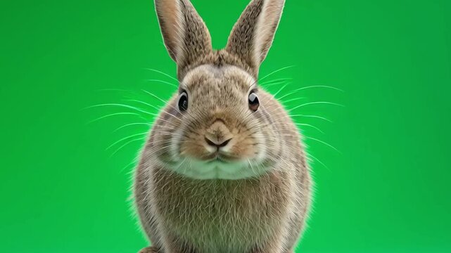 A surprised brown rabbit with its mouth open on a vibrant green background looking at the viewer green screen animal video