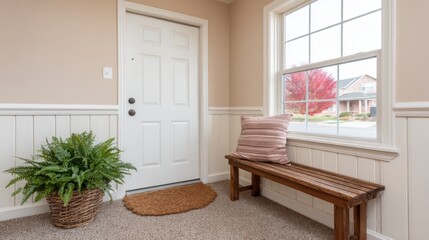 Entrance hallway with white door wicker plant pot wooden bench with cushion and window with view of house and red tree