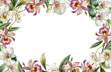 orchid with leaves, exotic flower boarder frame wreath, for wedding invitations