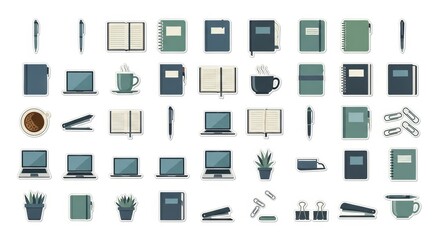 Collection of office supplies and stationery items isolated on white background