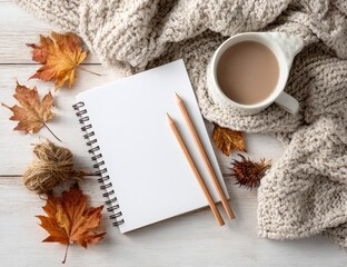 Cozy autumnal workspace.  Blank notebook, pencils, coffee cup, leaves, and a knitted throw on a white wooden table