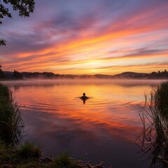 Fototapeta premium Person Swimming in Lake at Sunrise