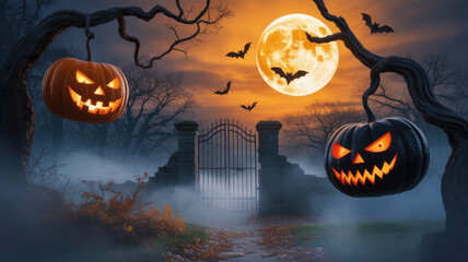 Spooky halloween scene with glowing jack o lanterns full moon bats and a haunted graveyard gate