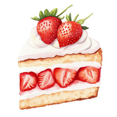 Illustration of a watercolor painting of a slice of cake with strawberry topping on a transparent background