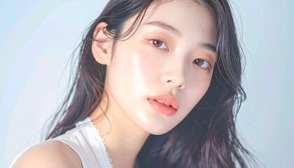 日本人, 超リアル, 美しい若い女性, 顔クローズアップ, 欠点のない肌, 輝く肌質, ナチュラルメイク, 柔らかなライティング, 美容CM風, シネマティック, カメラ目線, 高解像度, Japanese, ultra-realistic, beautiful young woman, face close-up, flawless skin, glowing complexion